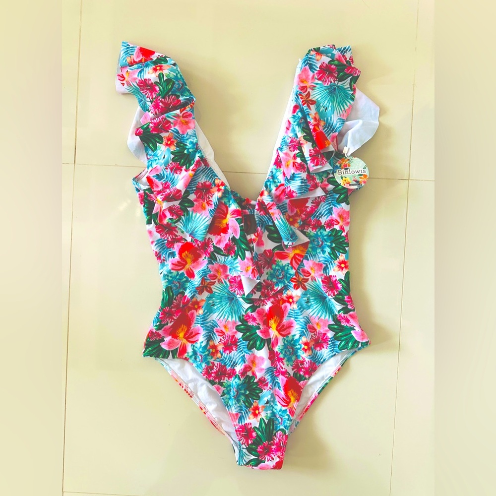 BINLOWIS Women One Piece Swimsuit V-Neck Ruffle Bathing Suit Padded Monokini L